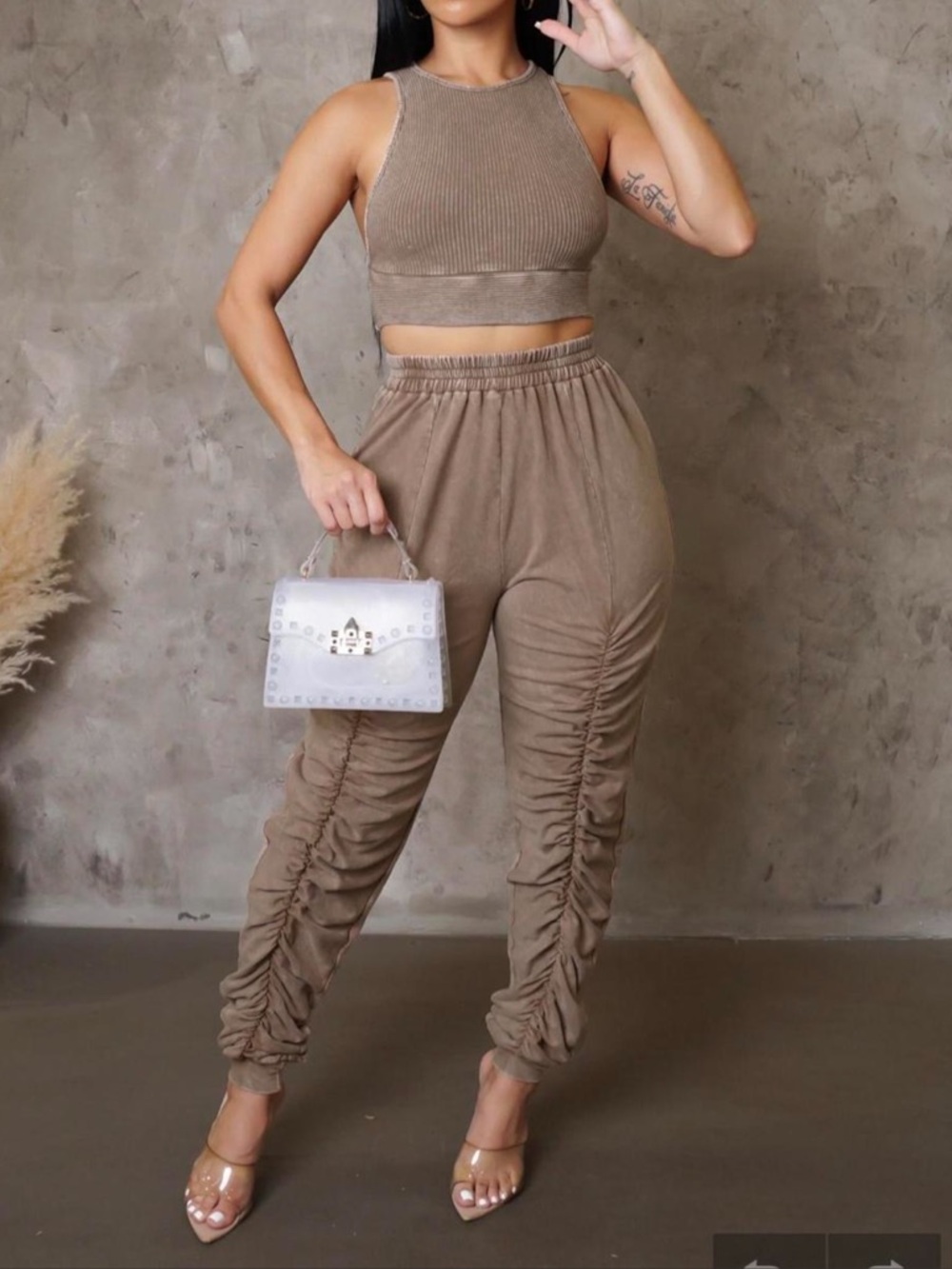 Magnolia Ruched Jogger & Ribbed Crop Tank Set - Taupe
